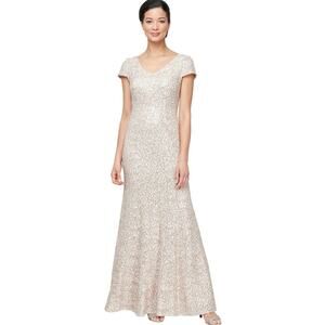 Alex Evenings Champagne Fit To Flare Long Cap Sleeve Sequin Floral Lace Dress 14